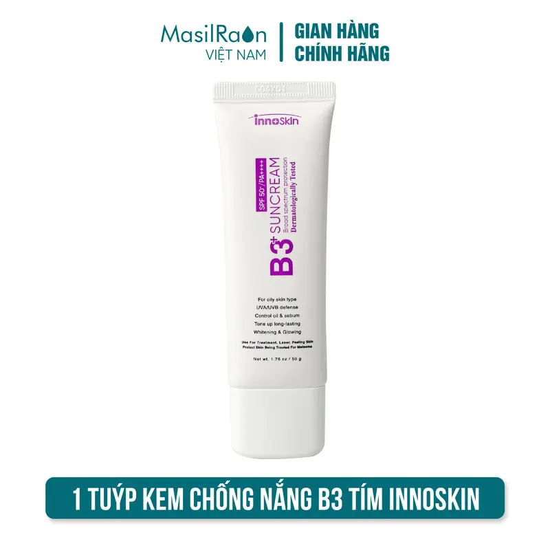[RRR] [Innoskin] V11 - 1 tuýp kem chống nắng innoskin B3 tím (bản kiềm dầu) tặng 5 mask whitening Hàn Quốc 1
