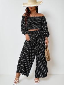 2 Counts Plus Size Polka Dot Print Off Shoulder Blouse & High Waist Pants Set, Summer Outfits 2024, Co Ord Set Summer, Bishop Sleeve Shirred Top & Wide Leg Trousers, Summer Sets, Women's Summer Clothes