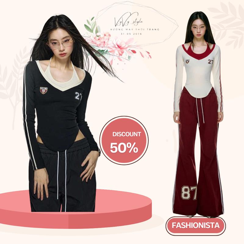 Áo cổ yếm nữ ôm body tay dài dáng croptop số 27 xu hướng Thể thao Belike Hằng Du Mục dáng vạt bầu Women Dáng Ngắn Thun Sport