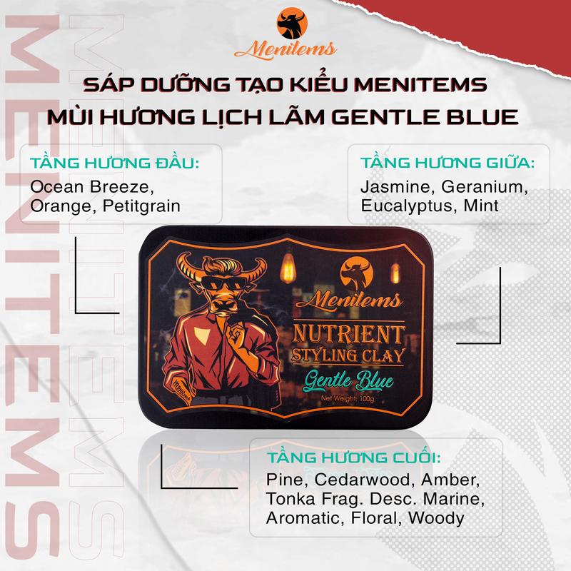 Sáp Vuốt Tóc Clay Gentle Blue Menitems 100g, giúp giữ nếp tạo kiểu, phù hợp tạo các kiểu yêu cầu độ liên kết cao
