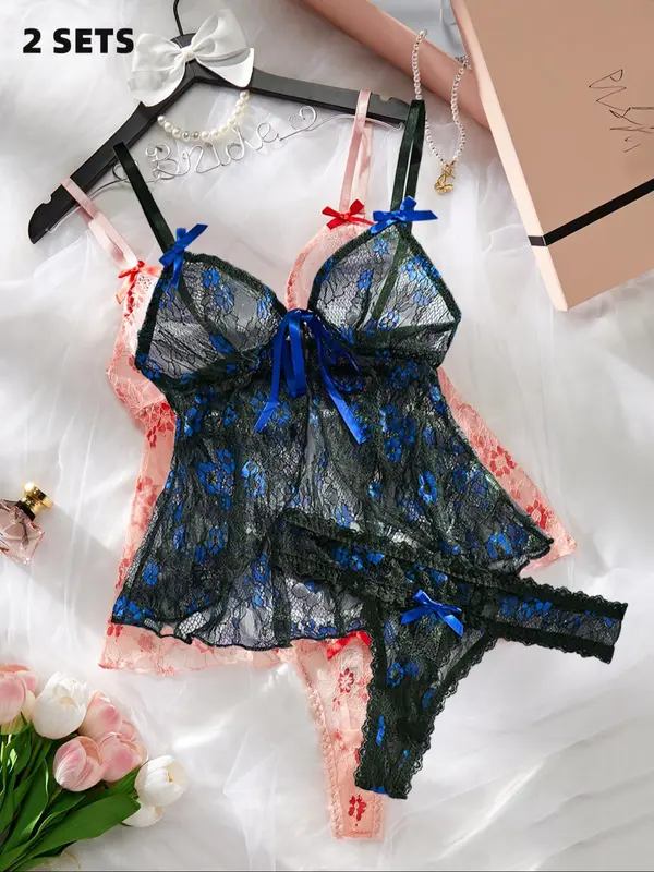 Women's Floral Print Sheer Lace Sexy Lingerie Set, Bow Decor Split Lingerie Top & Thong Set, Romantic Underwear Set for Ladies, Naughty Lingerie 2