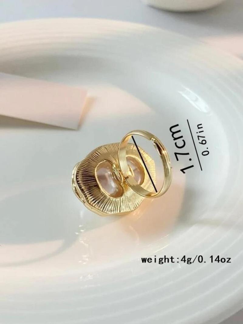 Product Introduction of Faux Pearl Decorated Geometric Design Ring, Casual Adjustable Opening Ring For Party, Daily Clothing Decor For Girl Women For Gift 0