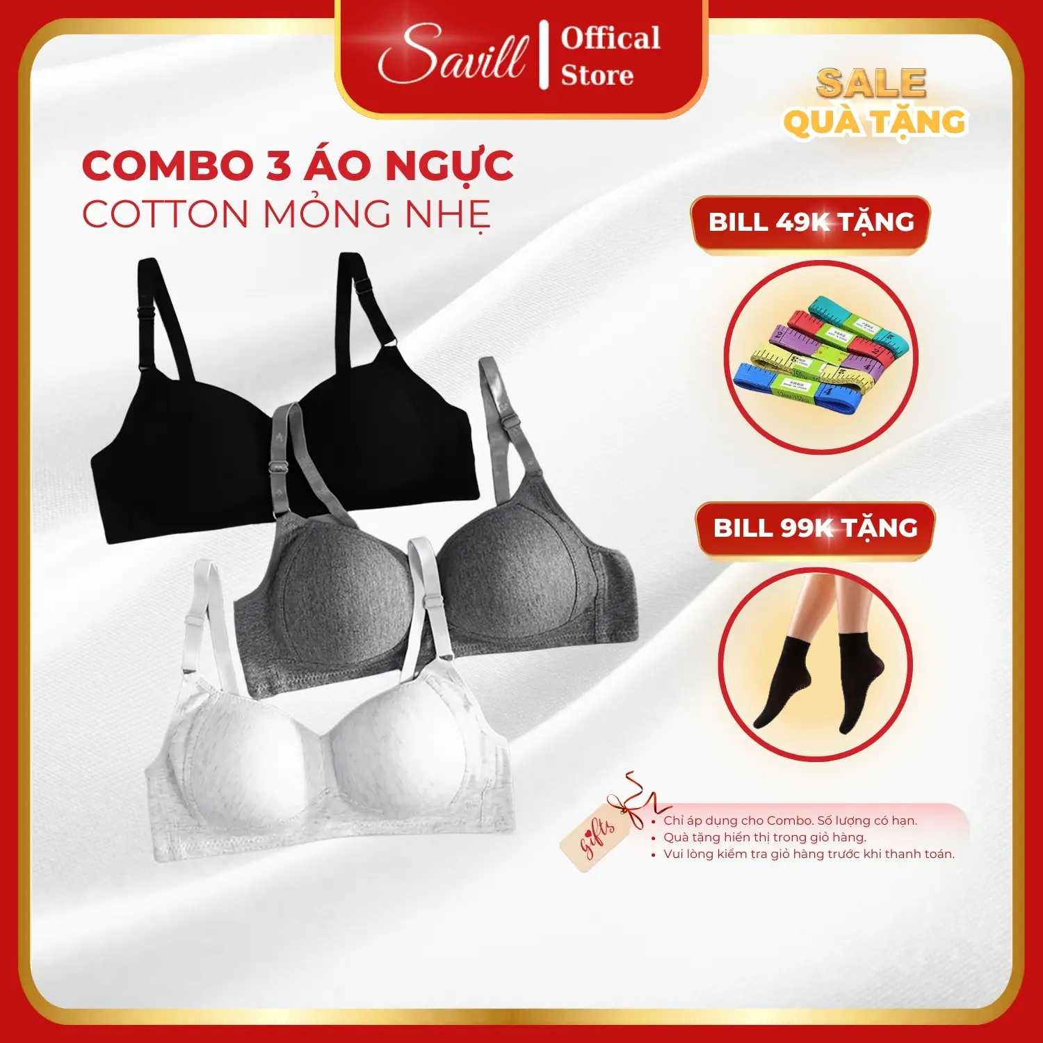 Combo 3 Áo ngực mút mỏng chất cotton mịn, Set 3 Áo lót nữ không gọng, mặc áo dài không lộ SAVILL A838 Bra Nhung