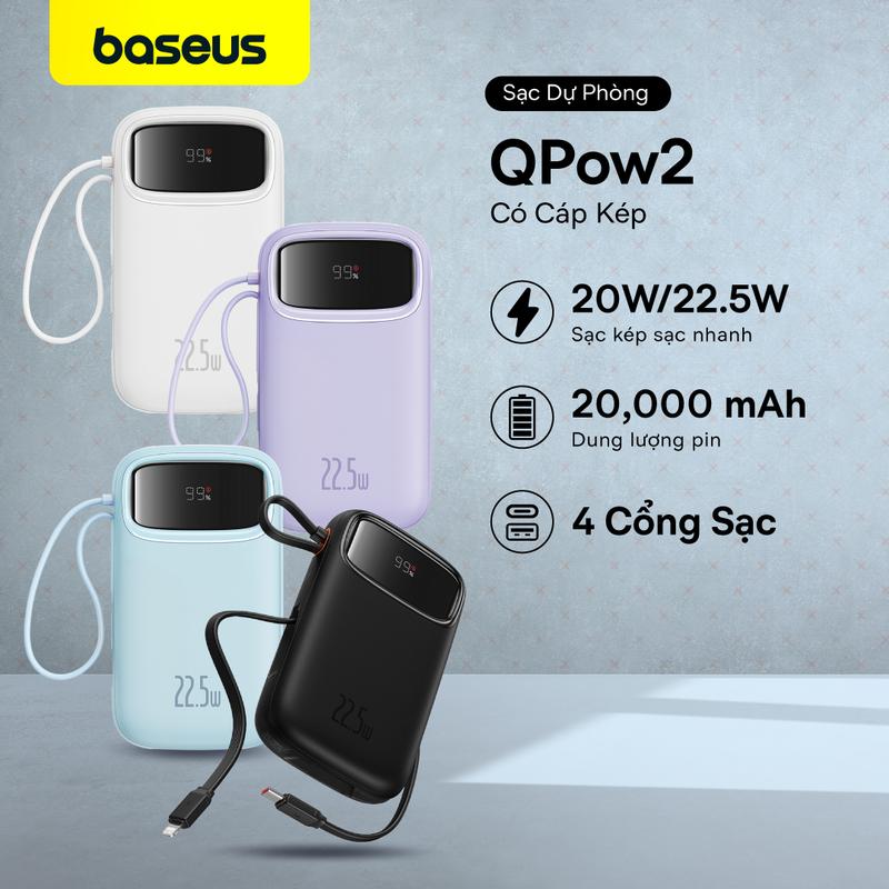 【Baseus Sạc dự phòng Qpow 2 22.5W Baseus 10000mAh/20000mAh, tích hợp 2 dây sạc nhanh type C + IP, màn hình đèn LED Titan