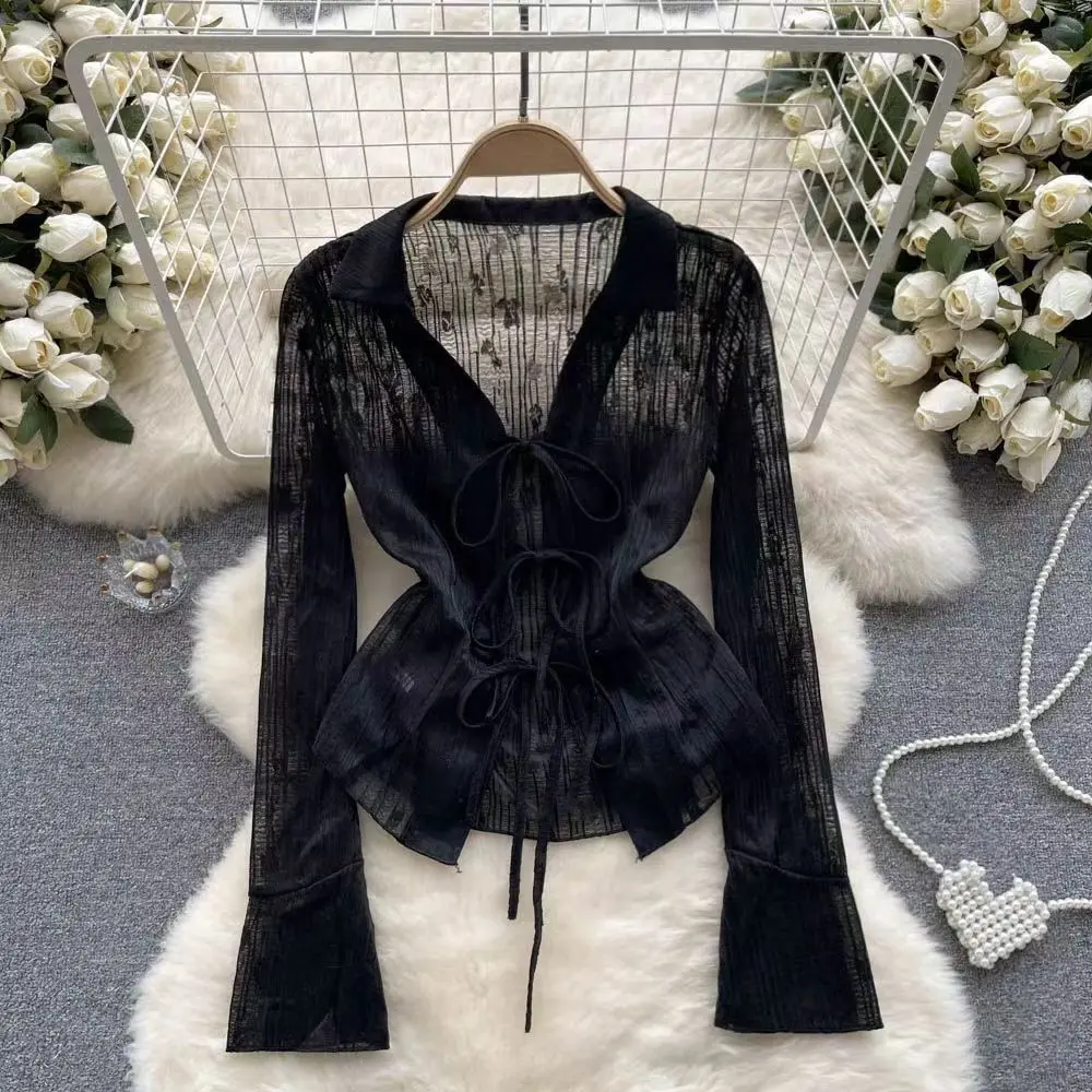 Áo Sơ Mi Ren khoét Độc Đáo Dành Cho Nữ, Phong Cách Dễ Thương Và Gợi Cảm, Tay Loe Mỏng, Áo Cardigan, Phong Cách Cô Gái Nóng Bỏng, Thích Hợp Cho Mùa Xuân Và Mùa Hè, Hợp Xu hướng Top Women