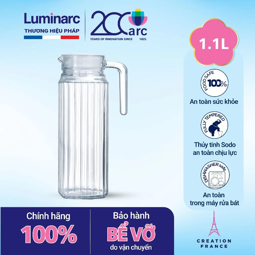 Bình thủy tinh đựng nước Luminarc Quadro 1.1L G2666, dùng máy rửa bát | Hàng chính hãng