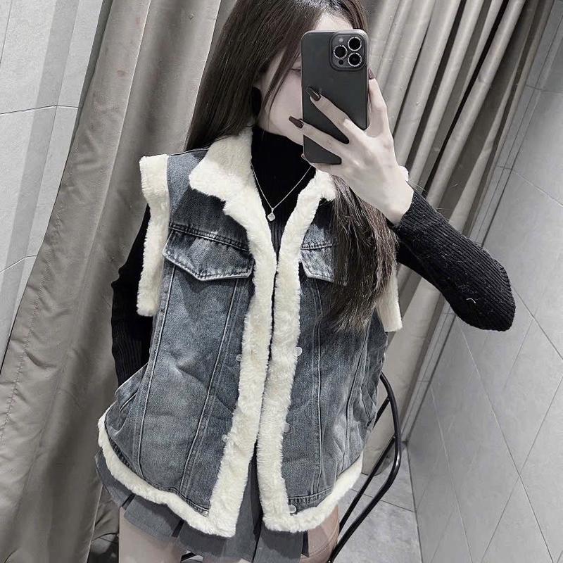 Áo gile bò lót lông dáng dài kiểu túi nắp ngực chuẩn hàng QCCC freesize dành cho nữ Women Top Jean