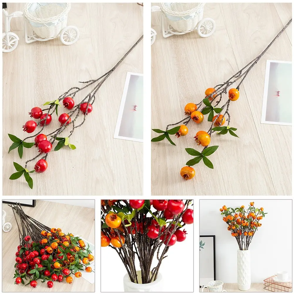 Cành Lựu, 9 Đầu, Có Lá, Hoa Nhân Tạo Màu Đỏ, Trang Trí Nhà Cửa Và Sân Vườn