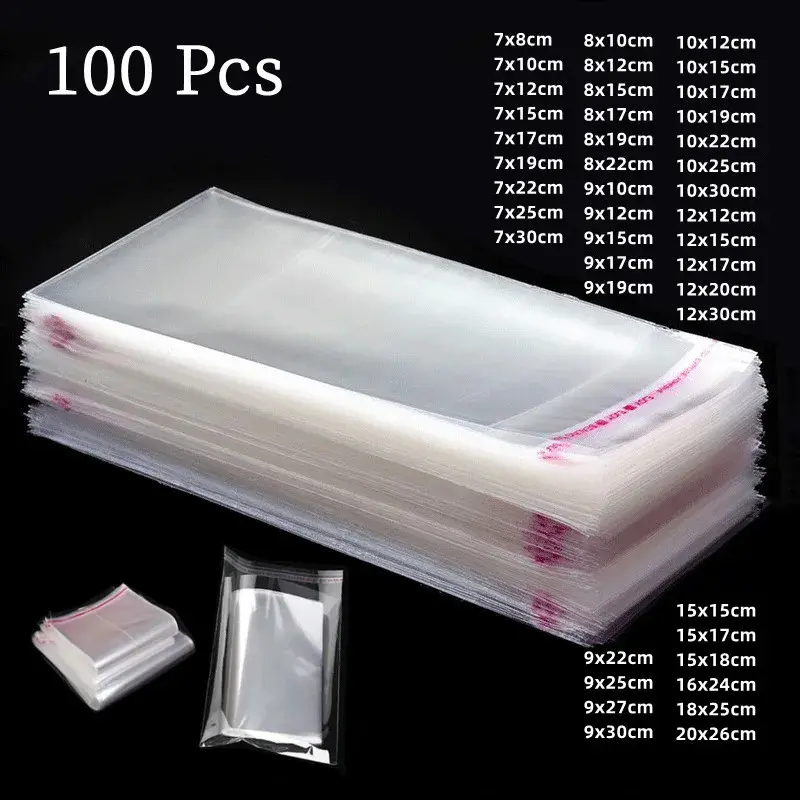 Adhesive sealing transparent plastic bag, used for jewelry packaging, candy, biscuit, gift, 100 pcs