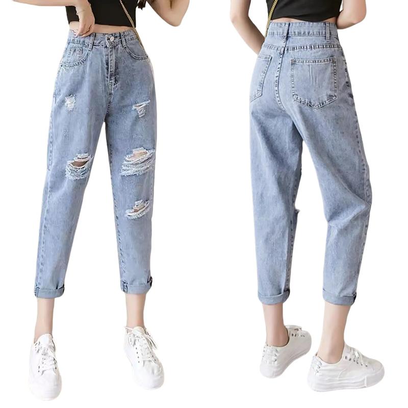 Moli Jeans - Quần Jean Baggy Nữ BigSize Lưng Cao Rách bụi, Phong Cách Hàn Quốc, Màu Xanh Đá Rách 4153 Denim Pants Women Có Túi Khuy