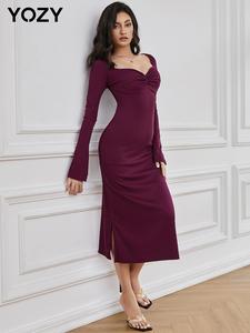 YOZY Women's Plain Twist Front Sweetheart Neck Bodycon Dress, Elegant Fashion Flounce Sleeve Split Hem Midi Dress for Party Dating Wear, Ladies Knitted Dresses