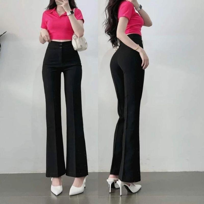  Quần Tây ống loe cạp cao công sở dáng dài 1. 2 cúc màu Đen vải tuyết mưa khóa kéo - Quần ống loe lưng cao nữ Đi học Làm sang chảnh Ong Women Pants 