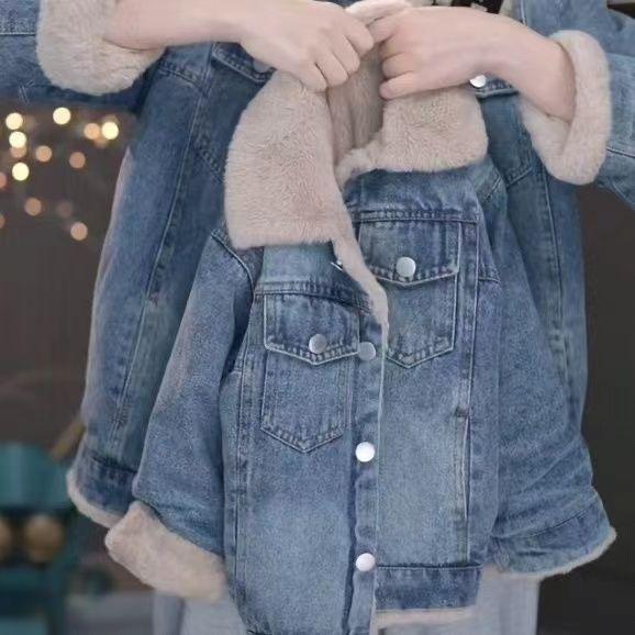 Áo Khoác Jean Cho Bé Gái, Mùa Thu / Đông Mới, Lót Lông Cừu, Dày Dặn, Phổ Biến, Dễ Phối Đồ Cho Trẻ Em, Áo Ấm 2