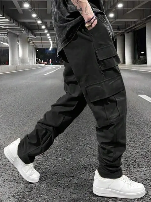 Men's Solid Drawstring Waist Cargo Pants, Street Fashion Casual Pocket Elastic Waist Trousers for Daily Wear, Men's Bottoms for All Seasons 0