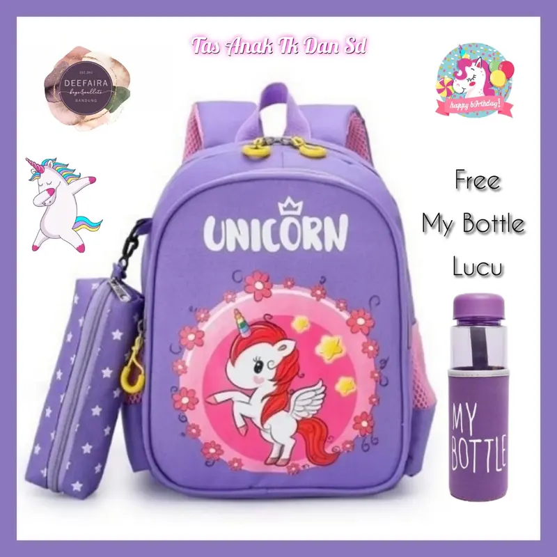 |Deefaira| Tas Uniqorn Unofficial 3 in 1 (Free Pouch pensil dan My Bottle) Ransel Sekolah Anak Perempuan untuk TK PAUD SD Fashion 2