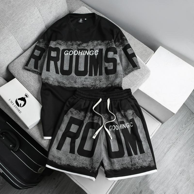 Bộ quần áo nam vải Waffle in hình thời trang của nhà UMA STORE co giãn thấm hút mồ hôi Menswear hot new 2024 đen m thường set  nam dep