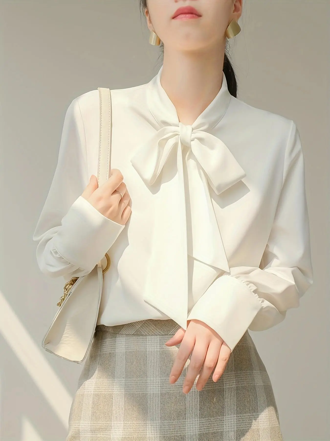 Women's Tie Front Long Sleeve Blouse, Elegant Solid Tie Neck Top For Work Office Business Wear, Ladies Spring & Fall Clothes