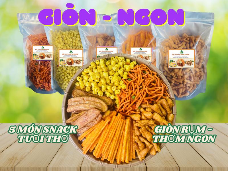Combo 2 túi 1Kg Snack trái cây sấy VIETFOOD giòn rụm thơm ngon: Đùi gà cay Nui sấy Bimbim que Khoai tây phô mai Chuối sấy mè gừng Ăn Vặt Cay Snack
