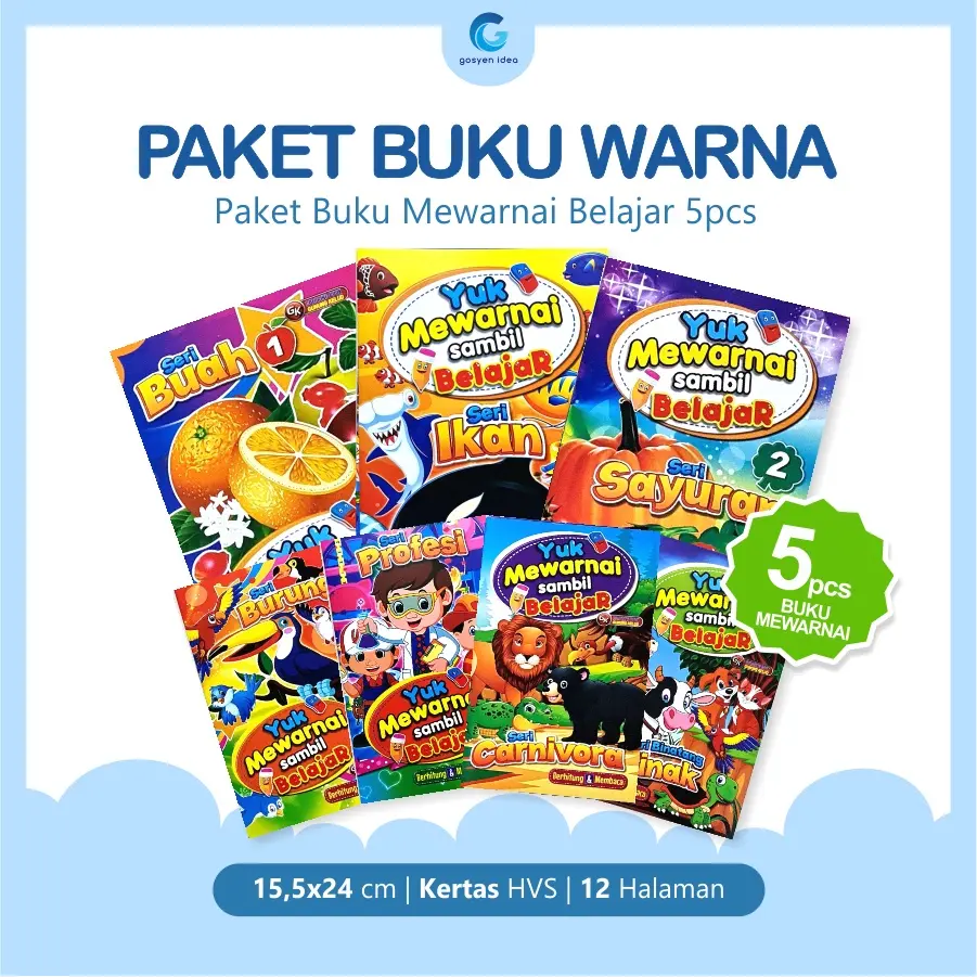 Paket 5 Buku Warna dan Belajar Mewarnai Anak Motif Buah, Hewan, Sayur, Transportasi