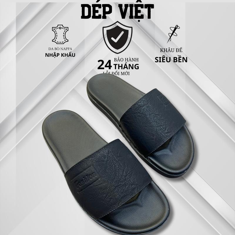 Product Introduction of Dép quai ngang Logo Fashion in chìm, Dép lê nam [ Khâu Quai đế ] đế cao su hai lớp bền bỉ. Dép nam da sít đen phong cách đơn giản Slipper. Đồng DéP 9