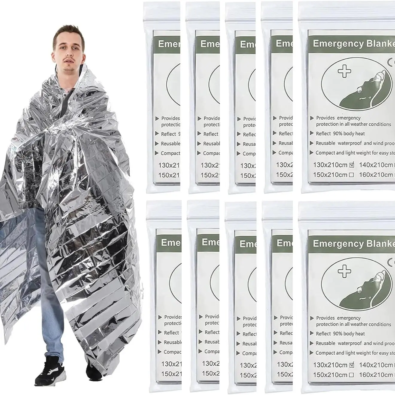 Emergency Mylar Blanket, 10pcs/set Waterproof Space Blanket, Reflective Insulating Emergency Blanket for Outdoor Camping Hiking