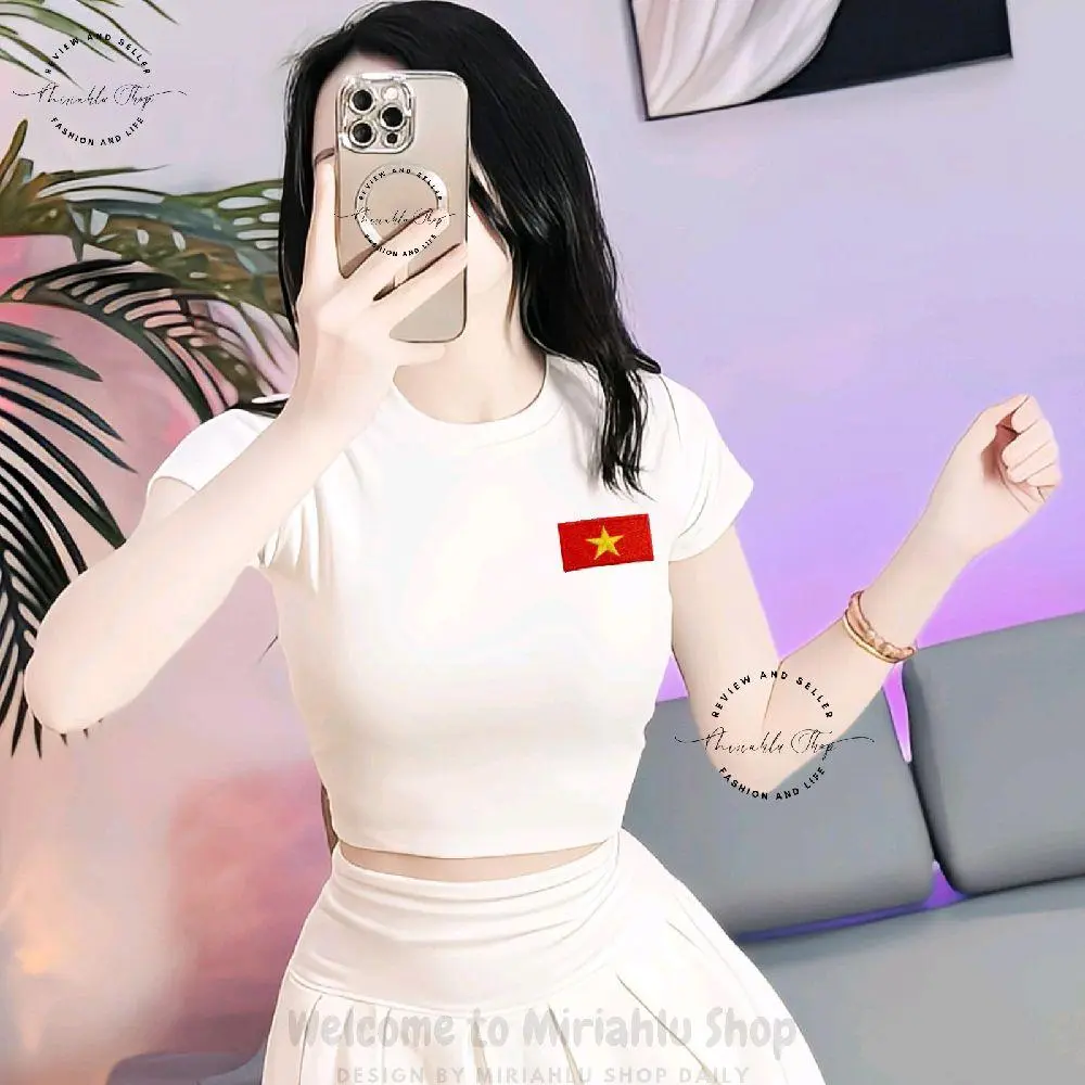 Áo Thun Croptop Thun Borip Form Basic Ôm Body In Hình Thêu Cờ Đỏ Sao Vàng , Nữ Women Cổ Tròn Dáng Ngắn