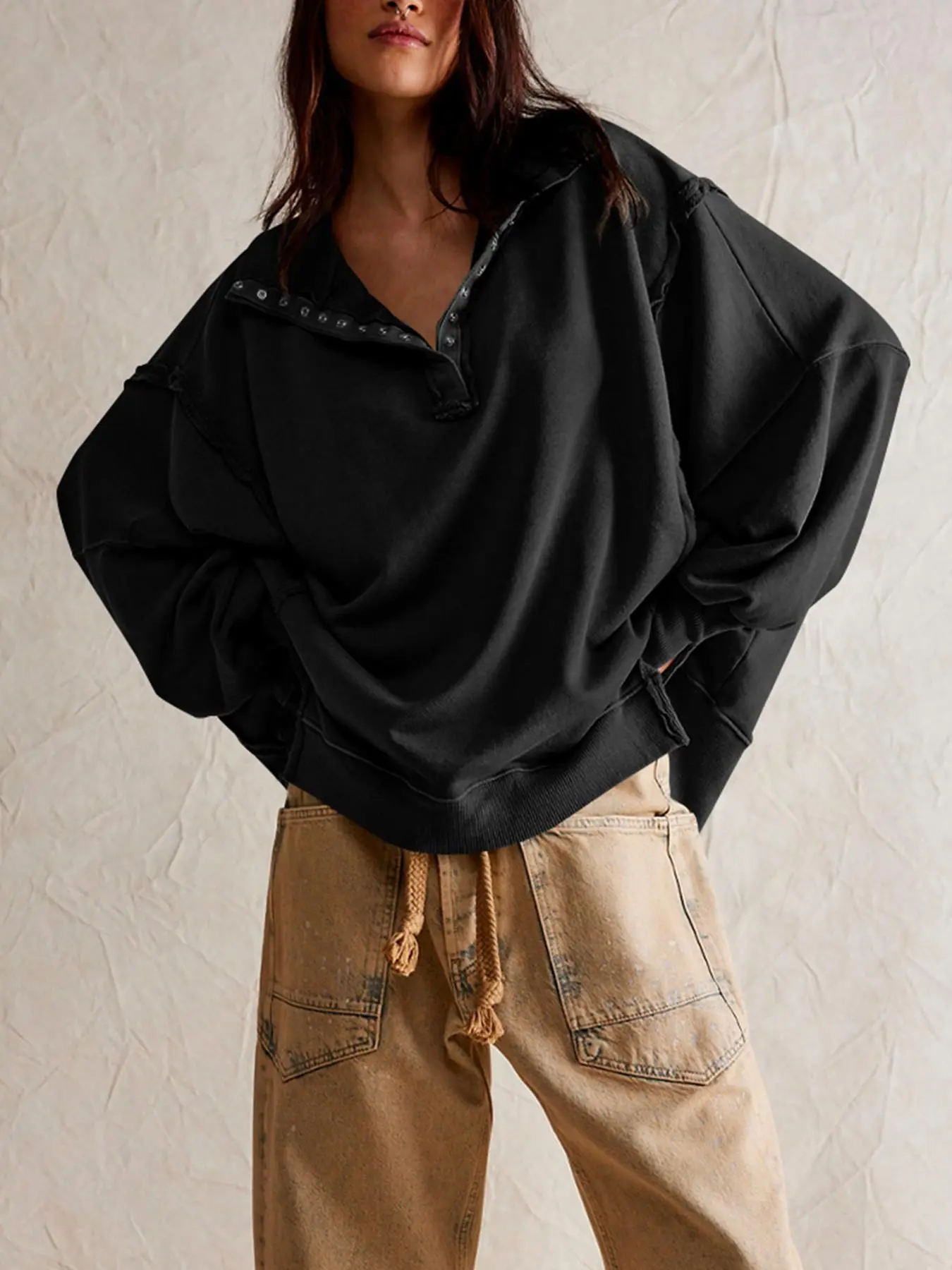 Women's Plain Half Button Split Hem Drop Shoulder Pullover, Casual Long Sleeve Collared Sweatshirt for Fall & Winter, Women's Clothes for Daily Wear