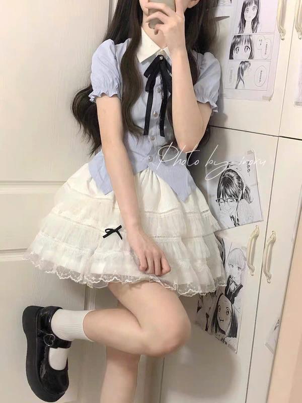 Set Áo Váy Nữ Chân Váy Trắng Ren Bồng WENJI, Bộ Tiểu Thư Nhẹ Nhàng Cực Xinh Phong Cách Hàn Quốc S14