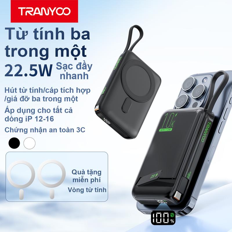 TRANYOO Sạc Dự Phòng Không Dây 10000mAh F26 Sạc Nhanh Tích Hợp Cáp Type-c 22.5W Màn Hình LED Sạc Magsafe Cho iP 12, 13, 14, 15, 16 Pro/ Promax, Hỗ Trợ Cáp Sạc Type- C PD22.5W Hấp Thụ Từ Tính Có Chân Đế Phụ Kiện Sạc Pin sạcdựphòng magsafe