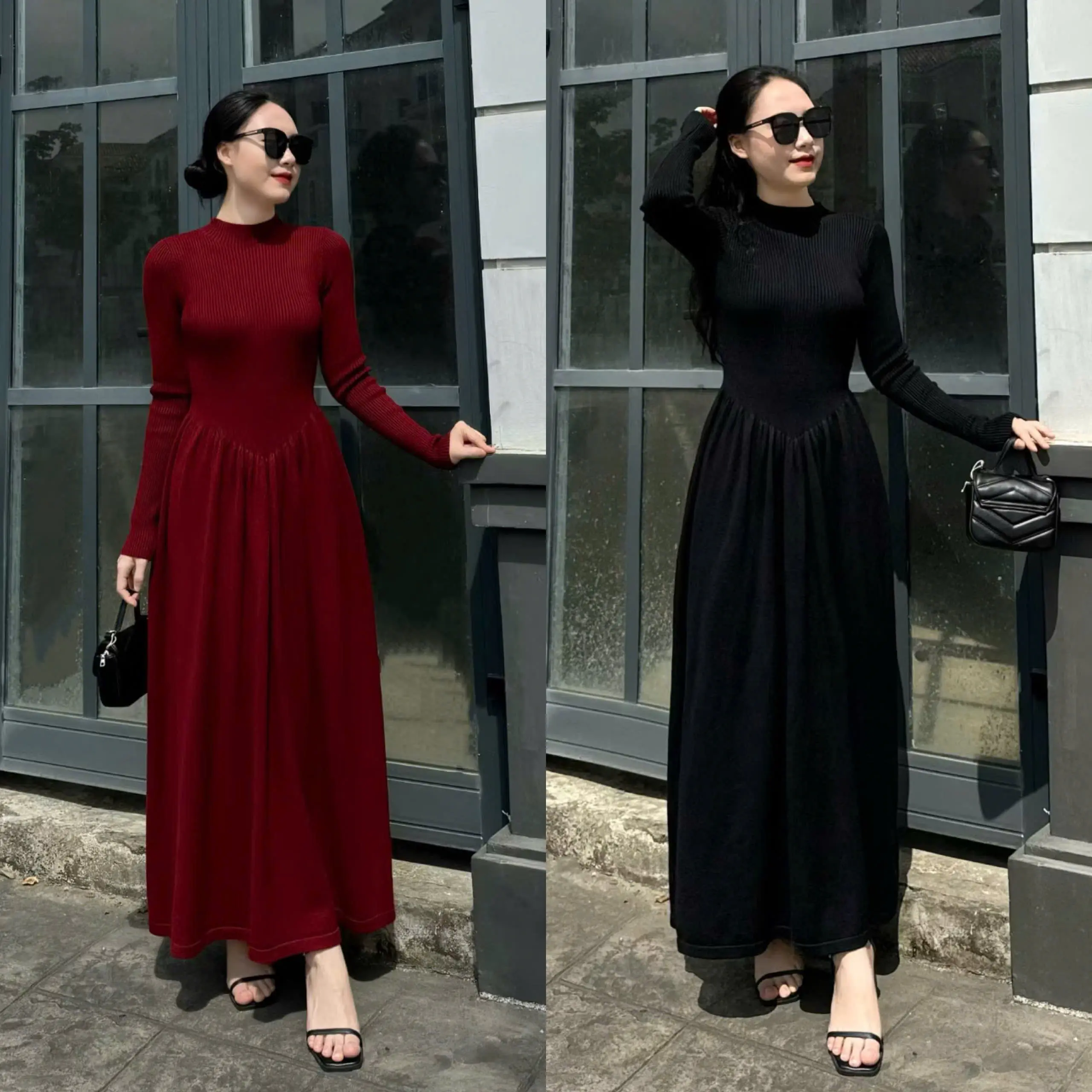 Mới về V1026 Váy len trơn dáng dài cao cổ dài tay Quảng Châu phong cách đầm tiểu thư sang trọng Hàn Quốc