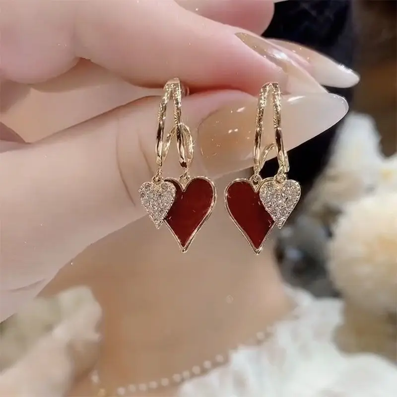 Temperament Red Heart Earrings 2024 Temperament Autumn and Winter Earrings Light Luxury Niche Design Sense