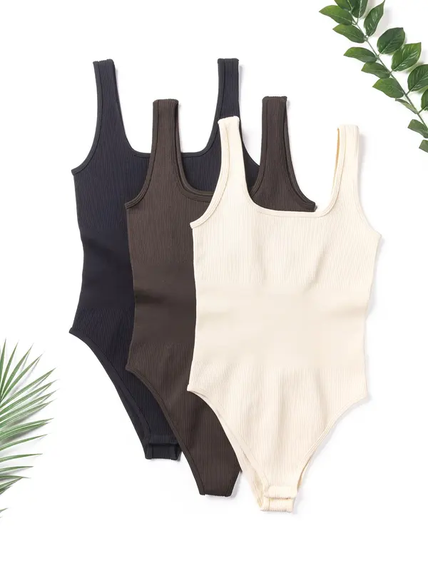 Women's Solid Ribbed Bodysuit, Summer Clothes for Women, Casual Sleeveless Bodysuit for Summer, Ladies Clothes for Daily Wear 1