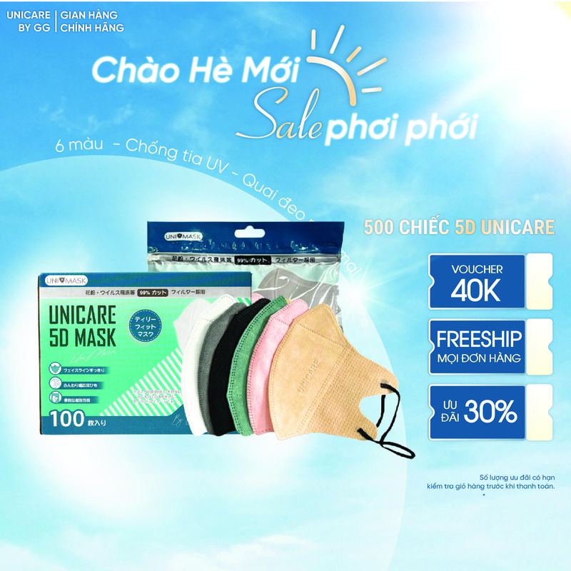 500 Chiếc Khẩu Trang 5D Unicare Chống Bụi Mịn, Thiết Kế thời Trang, Quai Đeo Êm Tai, 3 Lớp Phụ Kiện