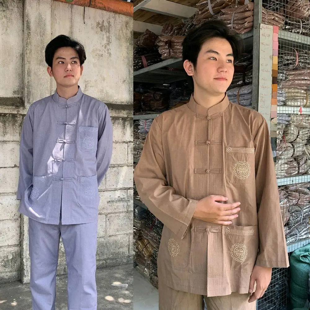 Đồ nam thêu dài tixi đồ lam đi chùa nam tay dài thêu 3 túi cổ trụ nút vải size 40-85kg