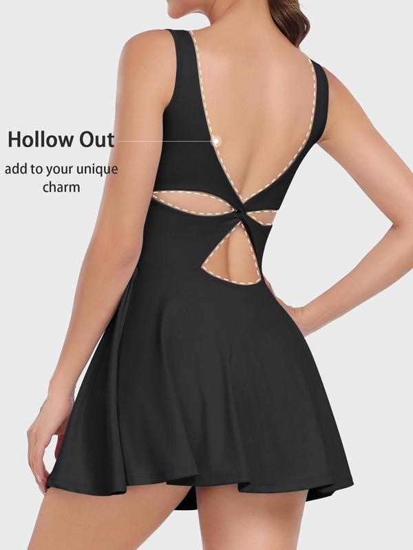Sporty Women's Plain Twist Cut Out Backless Built-In Shorts Tennis Dress, Sports Sweetheart Neck Pocket Sleeveless Dress for Tennis Golf Workout, Ladies Sportswear for All Seasons Valentine's Day, gift 7