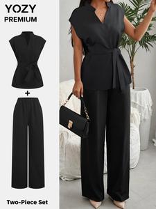 YOZY Women's Solid Notched Neck Blazer Vest & Pants Two-Piece Set, Casual Belted Sleeveless Top & Pocket Trousers, Women's Clothing for Work Office Business