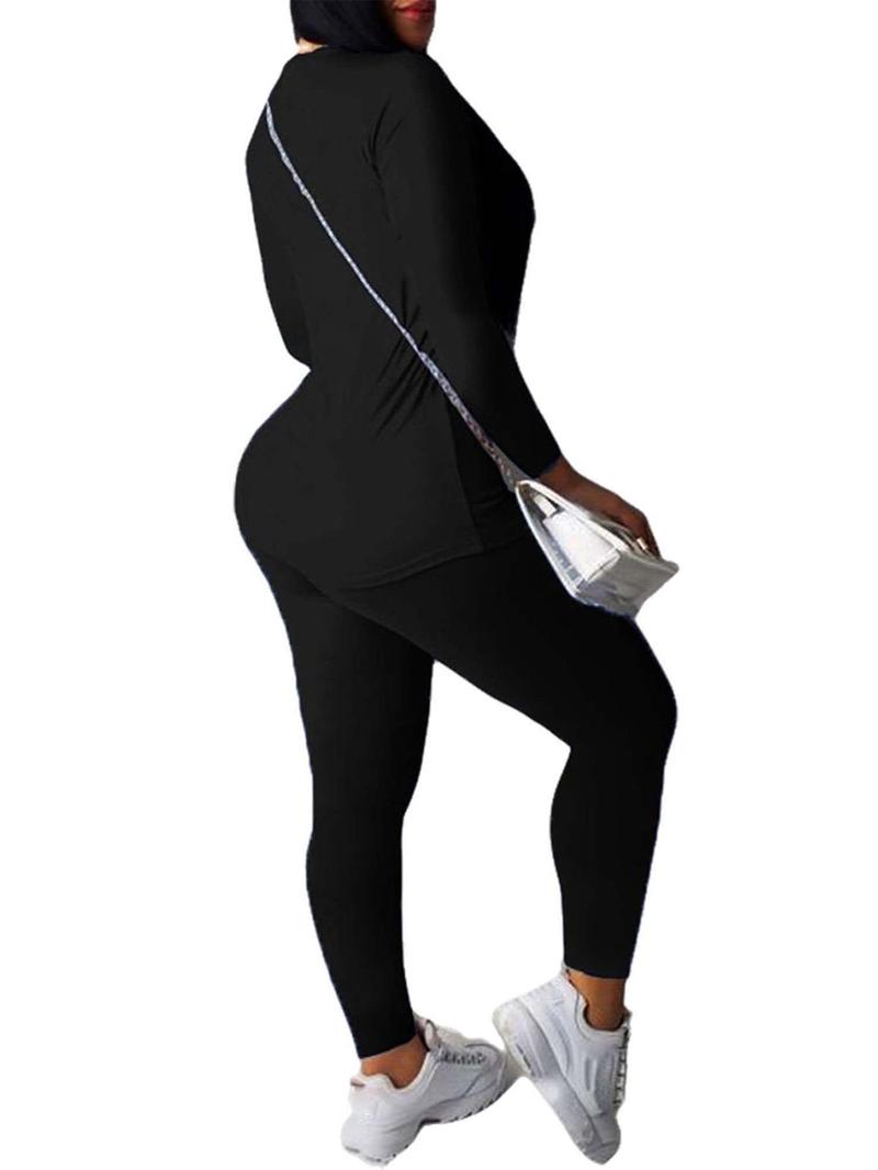 Product Introduction of Women's Crewneck Graphic Tee & Elastic Waist Pants Set, Chic Long Sleeve Crew Neck T-shirt & Skinny Pants Co-ord Set, Casual Outfits for Lady, Comfort Womenswear Suits 14