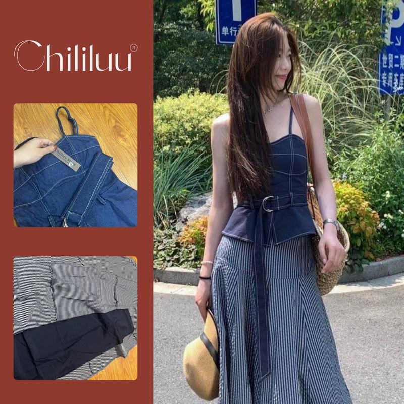 Set denim Chililuu áo bò kèm chân váy sọc xanh than phong cách Douyin Nữ Kem