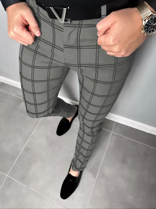 Men's Plaid Print Button Fly Slim Pants, Business Classic Casual Pocket Design Trousers For All Seasons, Men's Bottoms For Work Office Daily Wear, Menswear 6