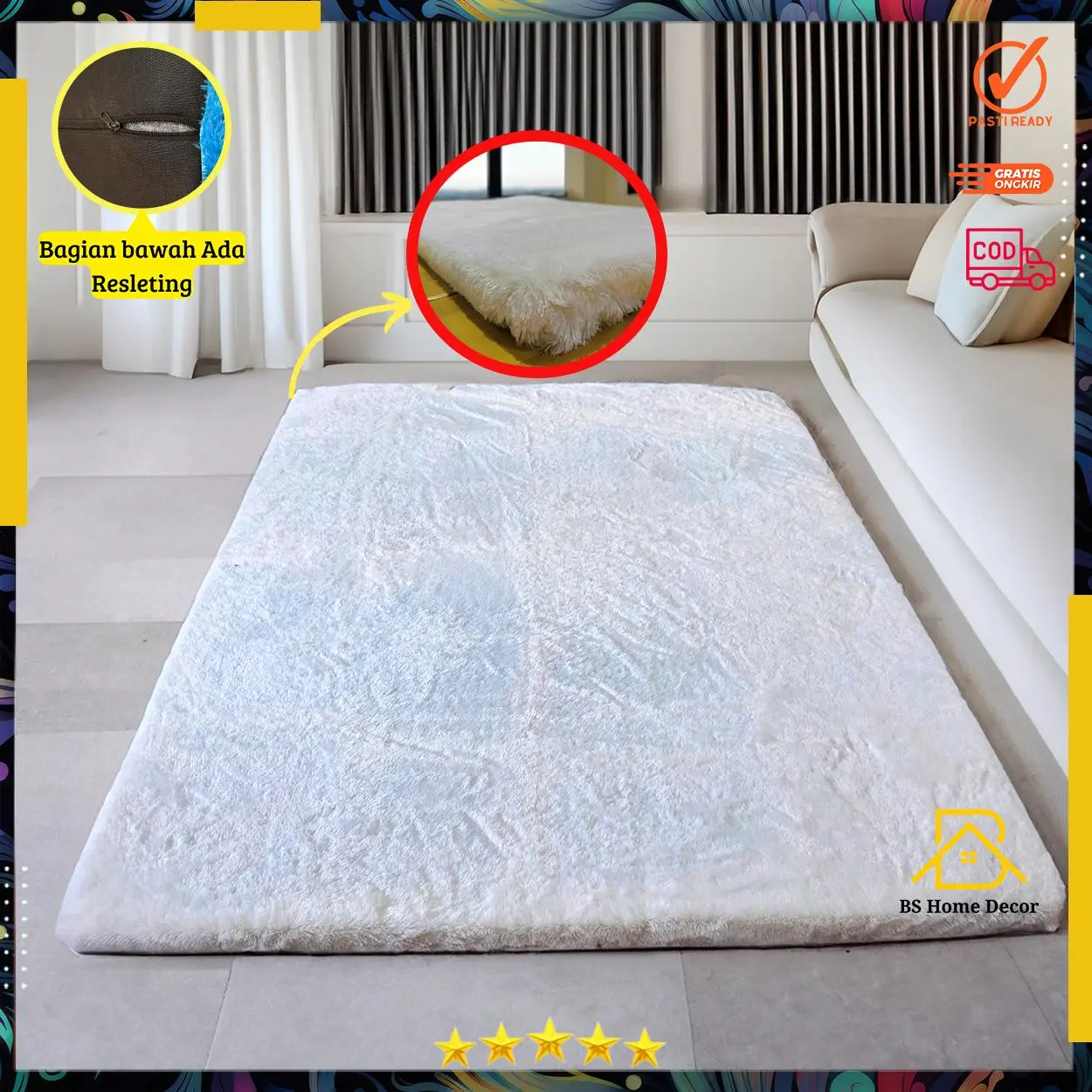 Karpet Elegan Fluffy lembut Tebal Non anti slip 1,6 meter x 0,9 meter