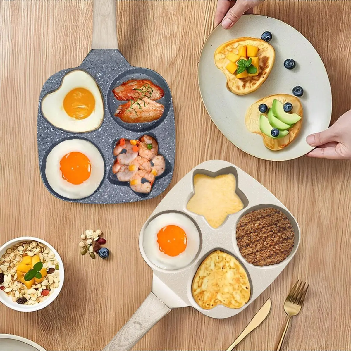 4-cavity Non-stick Egg Frying Pan, 1 Count Multi-purpose Kitchen Cooking Pancake Pan with Wooden Handle, Kitchen Cookware for Frying Egg, Pancake, Breakfast