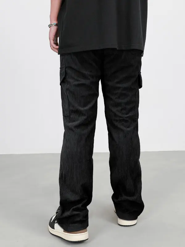 Men's Plain Flap Pocket Drawstring Waist Corduroy Cargo Pants, Regular Fit Street Fashion Zipper Split Trousers For Daily Wear, Men's Bottoms For Fall & Winter 1