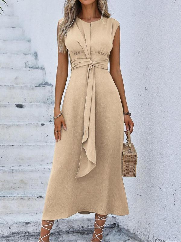 Women's Plain Twist Ribbon Tank Dress, Wedding Guest Dress, Elegant Sleeveless Round Neck Midi Dress for Summer, Ladies Maxi Dress, Summer Clothes for Beach Holiday Sundress for Women, Long Dresses, Wedding Dress, Dresses for Women 4