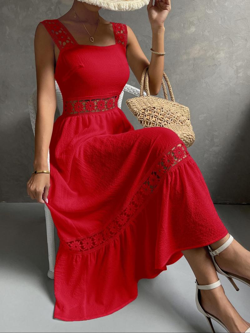 Product Introduction of 2025 Women's Contrast Lace Flower Decor Hollow Out A Line Dress, Lady Dresses Summer, Casual Sleeveless Square Neck Long Dress for Summer, Summer Clothes, Ladies Clothes for Beach Holiday Vacation 2