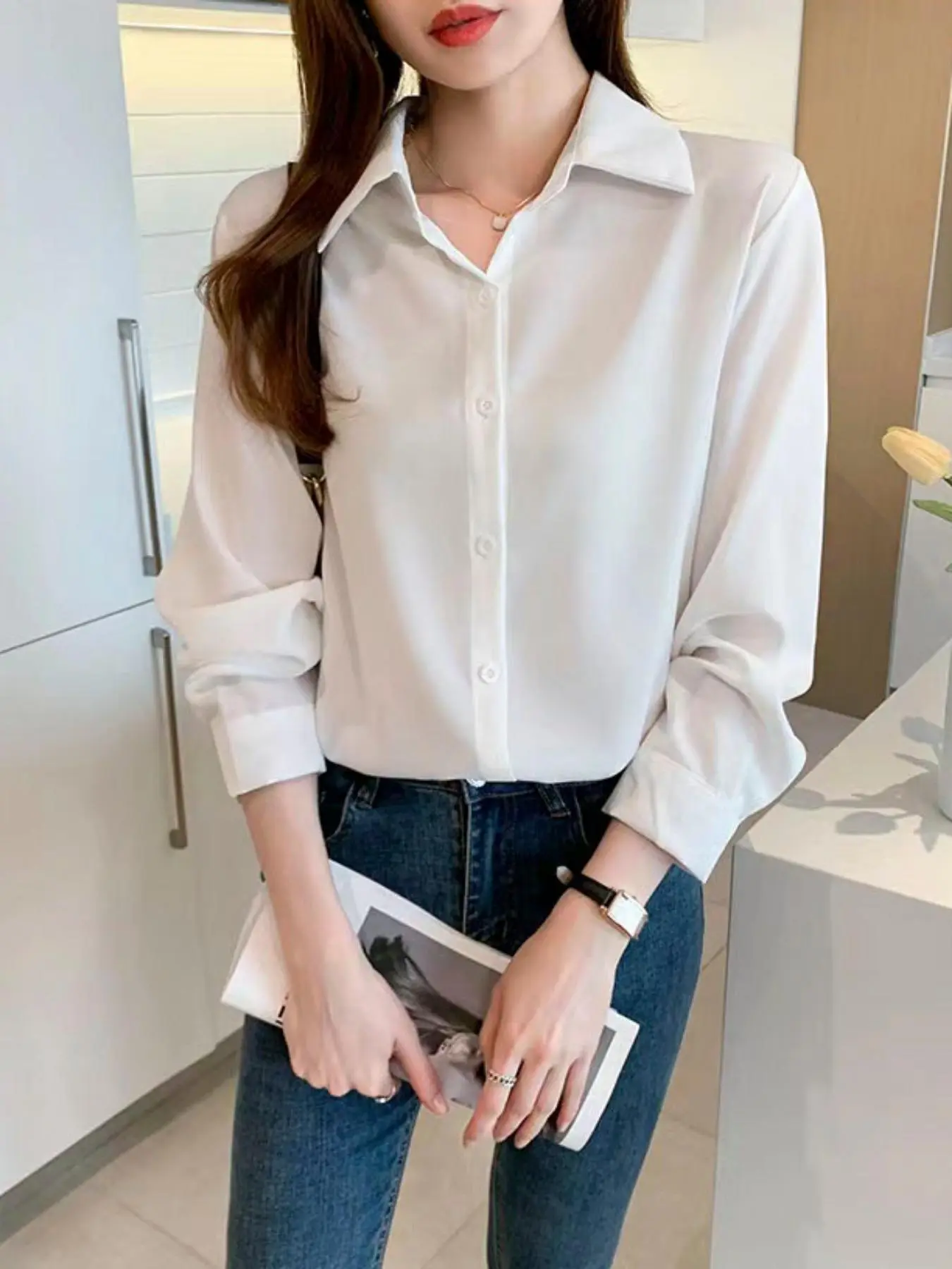 Women's Plain Button Front Stylish Blouses, Elegant Casual Long Sleeve Collared Shirt for Work Office Business Daily Wear, Women's Spring & Fall Clothes