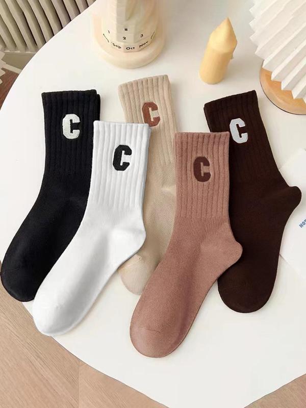 Women's 5 Pairs Letter Patched Crew Socks, Casual Soft Comfy Breathable Soft Cozy Socks for Daily Outdoor Wear, Women Socks for All Seasons 0