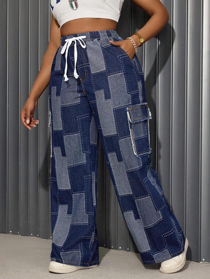 Product Introduction of Women's Patchwork Print Denim Baggy Jeans, Casual Fashion Pocket Design Trousers for Daily Wear, Ladies Bottoms for All Seasons 1