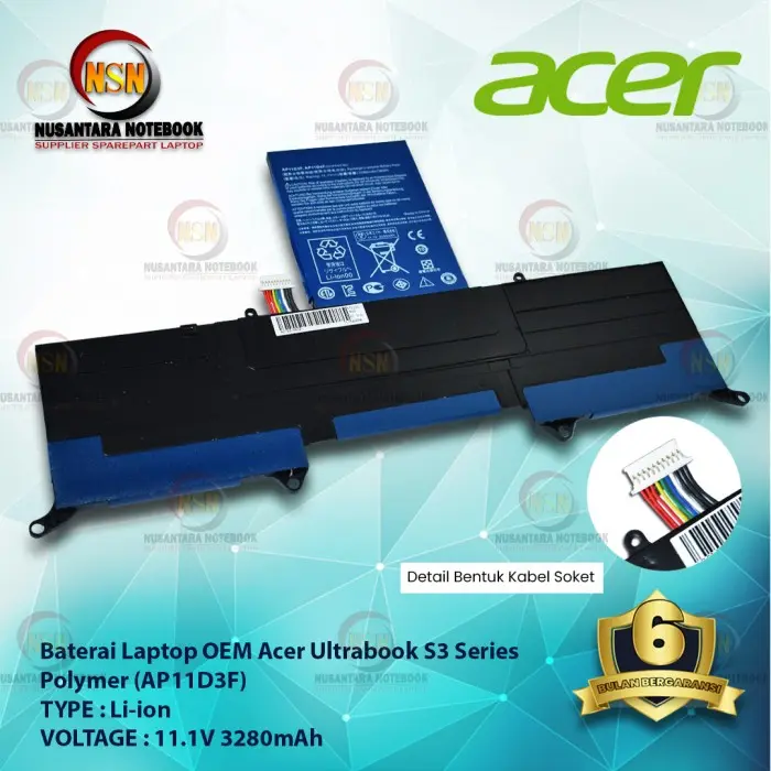 Baterai Laptop Acer Ultrabook S3 AP11D3F SERIES BLACK POLYMER OEM 1