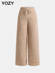 YOZY Women's Solid Drawstring Waist Plush Wide Leg Pants, Casual Comfy Trousers for Daily Wear, Ladies Bottoms for All Seasons