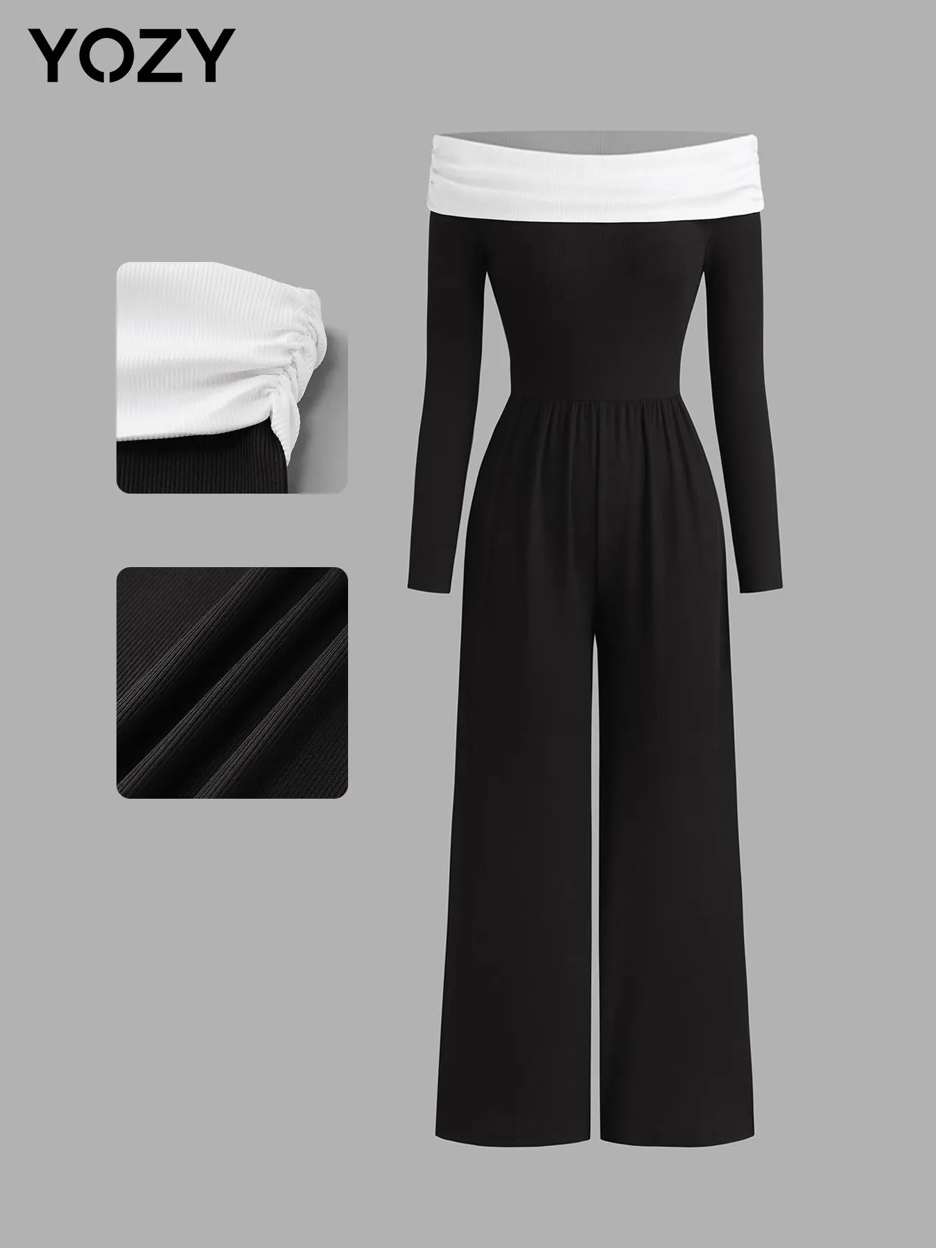YOZY Women's Colorblock Off Shoulder Ruched Jumpsuit, Casual Long Sleeve Jumpsuit for Spring & Fall, Women's Clothes for Daily Wear
